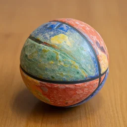 a basketball made out of colorful glazed terracotta on a wooden table