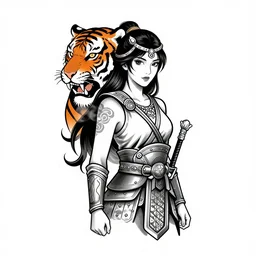 tattoo design on white background of a beautiful girl warrior under a tiger head, hyper realistic, realism tattoo, by eliot kohek, beautiful eyes, realistic face, black and white