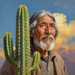 a beautiful painting of the san pedro cactus with the face of an old indigenous man in the sky, fantasy art, matte painting