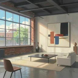 detailed digital painting of chic studio loft interior with exposed brick and concrete floors | low profile minimalist furniture | large abstract wall paintings and floor to ceiling windows by makoto shinkai, rossdraws, artgerm and frank lloyd wright