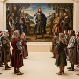 medieval peasants on family feud game show, face off podium, renaissance painting, high detail, wide angle