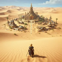 a beautiful isolated sacred spiritual fantasy alien village in a vast sand desert, 3 rd person action adventure, screenshot, gameplay, final fantasy, square enix, squaresoft, jrpg, unreal engine, 4 k, ultra high settings, rtx, next gen graphics, playstation 5