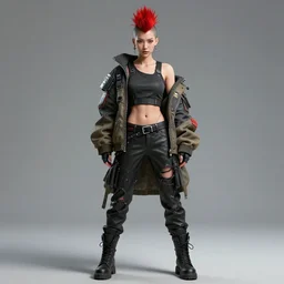a full body illustration of an Asian female cyberpunk character with red Mohawk, wearing oversized techwear jacket with one shoulder off revealing tank top underneath, torn punk leather pants, highly detailed, soft lighting, by Glenn Fabry, HD, 4K