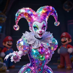 a hyperdimensional jester, neon rainbow quartz, 4k detailed hyperrealistic digital photo by Andy Thomas, Mario Martinez, Daniel Mirante, Gustave Dore, Artstation, CGsociety