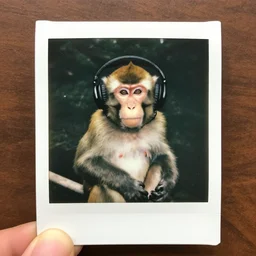 a polaroid photo of a monkey with headphones