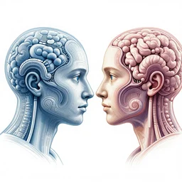 symmetry! portrait of face to face humans scientific intelligences meet online, mooc, intricate, elegant, highly detailed, concept art, smooth, sharp focus, lineart, illustration, shadows, penned with thin colors on white, 8 k