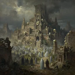 a beautiful landscape painting, an ancient city of old bones populated by a legion of ghosts, by sam guay, moody lighting, hyperrealism, 4 k, octane render