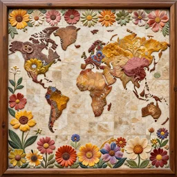 zoomed wooden carved mosaic made from flowers from around the world, each tile is a different flower, rich colors