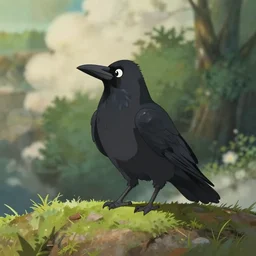 a wholesome animation key shot of a crow on a hill, medium shot, centered subject, studio ghibli, pixar and disney animation, sharp, rendered in unreal engine 5, anime key art by greg rutkowski, bloom, dramatic lighting