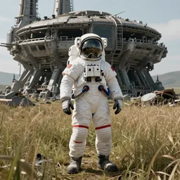 a highly detailed matte painting of an astronaut standing in front of an abandoned alien fortress in a tall grass field, octane render, featured on Artstation