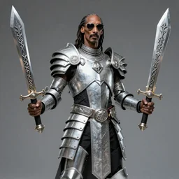 fantasy art of snoop dogg dual wielding ornate runic swords, wearing beautiful platinum armor