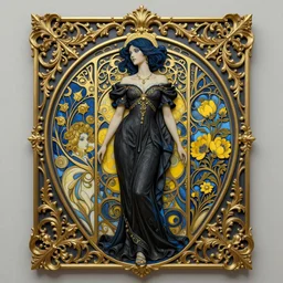 beautiful black blue yellow, complicated gold the baroque style decoration, dark fantasy, intricate, elegant, highly detailed, digital painting, artstation, concept art, matte, 3 d 8 k octane rendered, sharp focus, illustration, octane rendered, art by artgerm and alphonse mucha, leesha hannigan