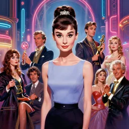wide - angle!! colourful!! portrait shot of audrey hepburn, neon - lights!!, intricate, elegant, highly detailed, centered, digital painting, artstation, concept art, smooth, sharp focus, illustration, artgerm, tomasz alen kopera, peter mohrbacher, donato giancola, joseph christian leyendecker, wlop, boris vallejo