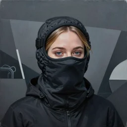 Elle Fanning wearing a ski mask picture by Sachin Teng, asymmetrical, dark vibes, Realistic Painting , Organic painting, Matte Painting, geometric shapes, hard edges, graffiti, street art:2 by Sachin Teng:4
