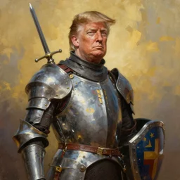 greg manchess oil matte portrait painting, donald trump knight, sword and shield, wonderful masterpiece highly detailed, scifi, beautiful cinematic light deep focus, elegant, digital painting, smooth, sharp focus, golden ratio, dramatic illumination, ultra realistic, 4 k, art by greg rutkowski wlop rossdraws