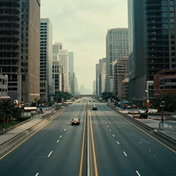 a beautiful cinematic photograph of a retro - futuristic highway in a brutalist downtown city by greg rutkowski and mark romanek and christopher nolan, sci - fi, matte, octane