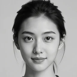 black and white portrait photo of beautiful young female model with black hair pinned up, symmetric face, symmetric eyes, slight smile, natural light, low contrast, photo by Peter Lindbergh, 8K