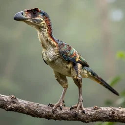 closeup of an Archaeopteryx standing still on a branch, still from the BBC Earth documentary (2018)