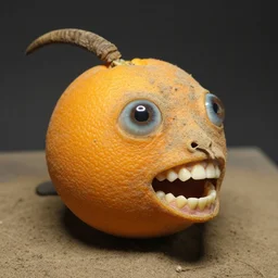 a dusty dry taxidermy of a real - life orange, glass eyeballs, false teeth,