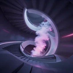 spiral lines, minimalistic, extreme wide angle, curved perspective, digital art, subsurface scattering, indoor casino staircase, by anton fadeev, lorax movie, cotton candy smoke, artstation, neon lights