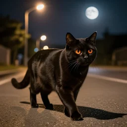 an hyper detailed black cat with orange eyes walking through the road during the night under the light of the streetlights and looking at the moon. Realistic. High detail. Hyper realistic artwork By Diego Fazio