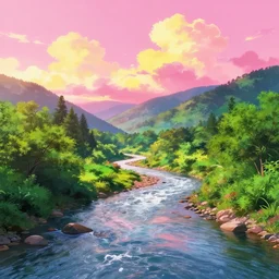 beautiful river flowing the a pretty, lush valley pink anime sky clouds backlit by yellow,, high contrast, vibrant colors, vivid colors, high saturation, fantasy, artwork, aesthetic, calming, very beautiful scenery, hd, hdr, ue 5, ue 6, unreal engine 5, cinematic, 4 k wallpaper, 8 k ultra, by greg rutkowski and jesper ejsing and raymond swanland and alena aenami, featured on artstation, wide angle