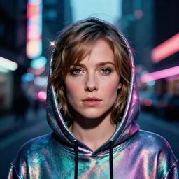 A hyper realistic and detailed head portrait photography of Bryce Dallas Howard in iridescent-digital hoodie on a futuristic street. by Annie Leibovitz. Neo noir style. Cinematic. neon lights glow in the background. Cinestill 800T film. Lens flare. Helios 44m