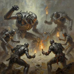 oil paint of 1 1 horrifying machines speed of dethroning melee, battle pit, by wayne d barlowe, boris vallejo, stefano tamburini, torch light, muted colors, epic, hyper detailed, awe inspiring, award winning horror, hyper realism, cinematic