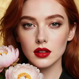 Portrait of a woman, close-up, high sharpness, zeiss lens, fashion photo shoot, peony flowers, red hair, red lipstick, in the background of gold, on their face stratsEnni Leibovitz and Steve McCurry, David Lazar, Zhong Lin, Jimmy Nelsson, Eiko Hosoe , artistic, hyper-realistic, beautiful face, octane rendering