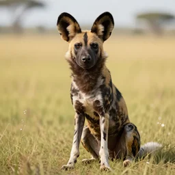 an african wild dog sitting up, bottom down, on the african plains, friendly, long grass, sparkling water, glistening, hyper realistic, hyper detailed, digital art, trending in artstation, cinematic lighting, studio quality, smooth render, unreal engine 5 rendered, octane rendered, by paul lehr