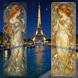 a view from the amstel river in paris at night with the sky full of stars, intricate, elegant, highly detailed, digital painting, artstation, concept art, smooth, sharp focus, colored illustration for tattoo, art by krenz cushart and artem demura and alphonse mucha
