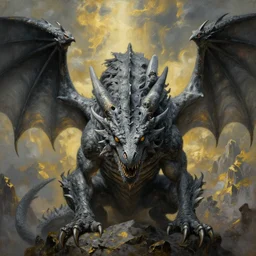 grey dragon close up by greg rutkowski, drark, marvel comics, dark, plutus su and chris scalf and lucas graciano and billy christian, symmetrical, mountains, grey and gold color palette, painting, d & d, fantasy, detailed, realistic, complimentary colors, light, artstation, cinematic, dramatic lighting, close up, storm clouds, hudson river school