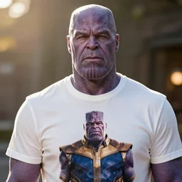 portrait of thanos wearing a tshirt with josh brolin print, backlight, bokeh
