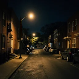 an urban neighbor hood street at night, the only light is coming from the street lamps, there is something strange at the end of the street