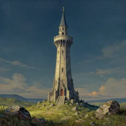 the wizard's magical tower!!, single tower in rocky grassy field, nighttime, grand landscape art by donato giancola and greg rutkowski, vintage retro, digital art, trending on artstation, symmetry!!, epic composition