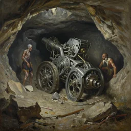 oil painting mech machine in fecund mystery during cave collapse by alberto bontempi, by francesco blanc 1 9 7 1, richard m powers landscape, horror by enric torres, by jack gaughan, simon bisley & boris vallejo, hyper realism, cinematical