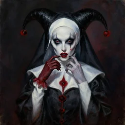 hyperrealistic artnouveau dark scary portrait oil painting of a seducing jester evilish vampire nun fine delicate details dark and blurry colors in style of michael hussar and alexandermcqueen