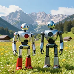 a ultra photorealistic and sharp film still of an a sunny and colourful open field in 2 0 2 1 in the middle of the bavarian alps, germany. two colourful and highly detailed robots out of chrome posing in the foreground. wide shot, wes anderson, studio ghibli, pixar and disney animation, octane render, anime key art by greg rutkowski, dramatic lighting, award winning photography