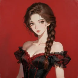 beautiful woman with braided brown hair, wearing an elegant dress, highly detailed, painting, red and black color palette, intricate, high quality anime artstyle