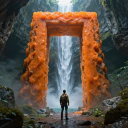 an explorer lookup up a giant doorway made of orange gel, deep underground waterfalls, beautiful matte painting, ultra detailed, 8 k render