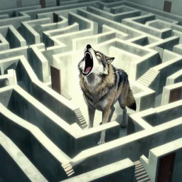 a huge howling angry wolf in a huge bright maze of many doorways and lots of stairs, many doorways, inside MC Escher architecture, artstation, Junji Ito, epic composition, detailed background