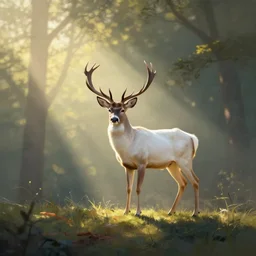 buck white tail with large antlers standing on top of a hill with light shining through the trees in the early morning, volumetric shadows, volumetric lighting digital painting, trending on artem, trending on deviantart,