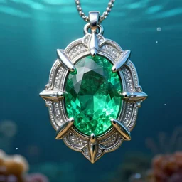 shiny metallic amulet with a glowing emerald, highly detailed, concept art, beautiful, octane render, realistic, underwater