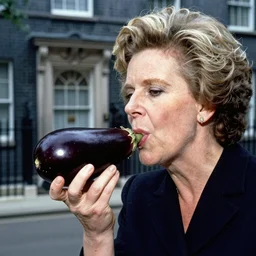 Maggie thatcher sucking a large aubergine in front of 10 Downing Street, hyper realistic, macro photography