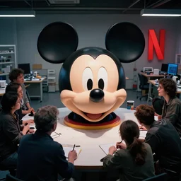 several people in workshop looking at the head of mickey mouse!!!!!!, netflix logo on the background, made by artgerm, greg rutkowski, highly detailed 8 k art, low light cinematic, 2 4 mm lens, | upper view | close distance |
