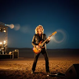 candid photograph from stage of led zeppelin performing at night in the atacama desert by mark owen. kodak portra film!!. whirl bokeh!. mamiya 7. highly detailed. hq. photoreal. golden hour. in - frame