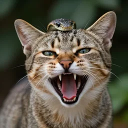 a cat with the head of a dangerous snake, mouth wide open, photo taken by nikon, very detailed, 4 k