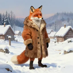 an anthropomorphic fox man wearing a long fur coat and mittens in a snowy village, character illustration by greg rutkowski, thomas kinkade, Howard Pyle, El Greco, Cynthia Sheppard