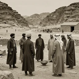 ultra detailed photorealistic sepia - toned photo from 1 9 1 7, a small group of british soldiers standing with bedouin traders in traditional arab garb, at an archaeological dig site in wadi rum, ultra realistic, painted, intricate details, lovecraft, atmospheric, dark, horror, brooding, highly detailed, by clyde caldwell