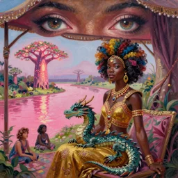 a regal and heroic african queen with a colorful afro  and her pet dragon sitting in a cabana near a larg near a pink river with a large glowing baobab tree, by amanda sage and alex grey and evgeni gordiets in a surreal psychedelic style, symmetrical, detailed eyes, oil on canvas 8k, hd
